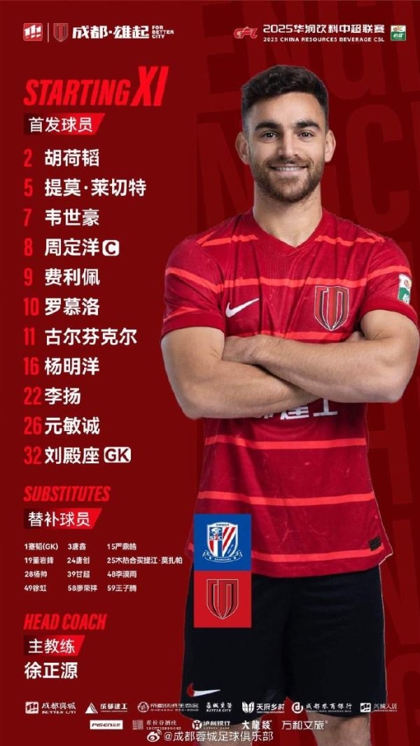 上海申花vs成王人蓉城 比赛首发名单出炉！成王人，雄起！